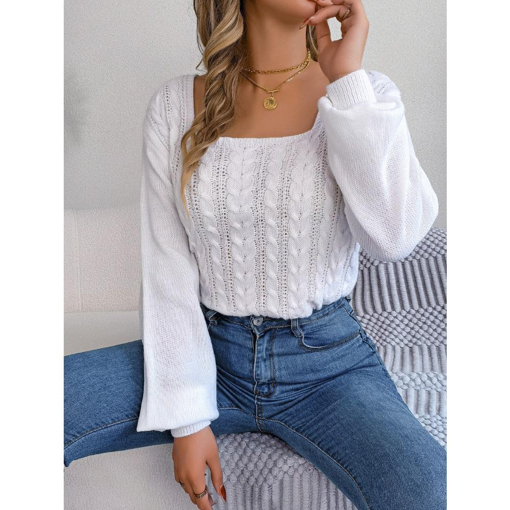 

Осенне-зимний повседневный пуловер с квадратным вырезом и рукавами-фонариками, свитер S белый