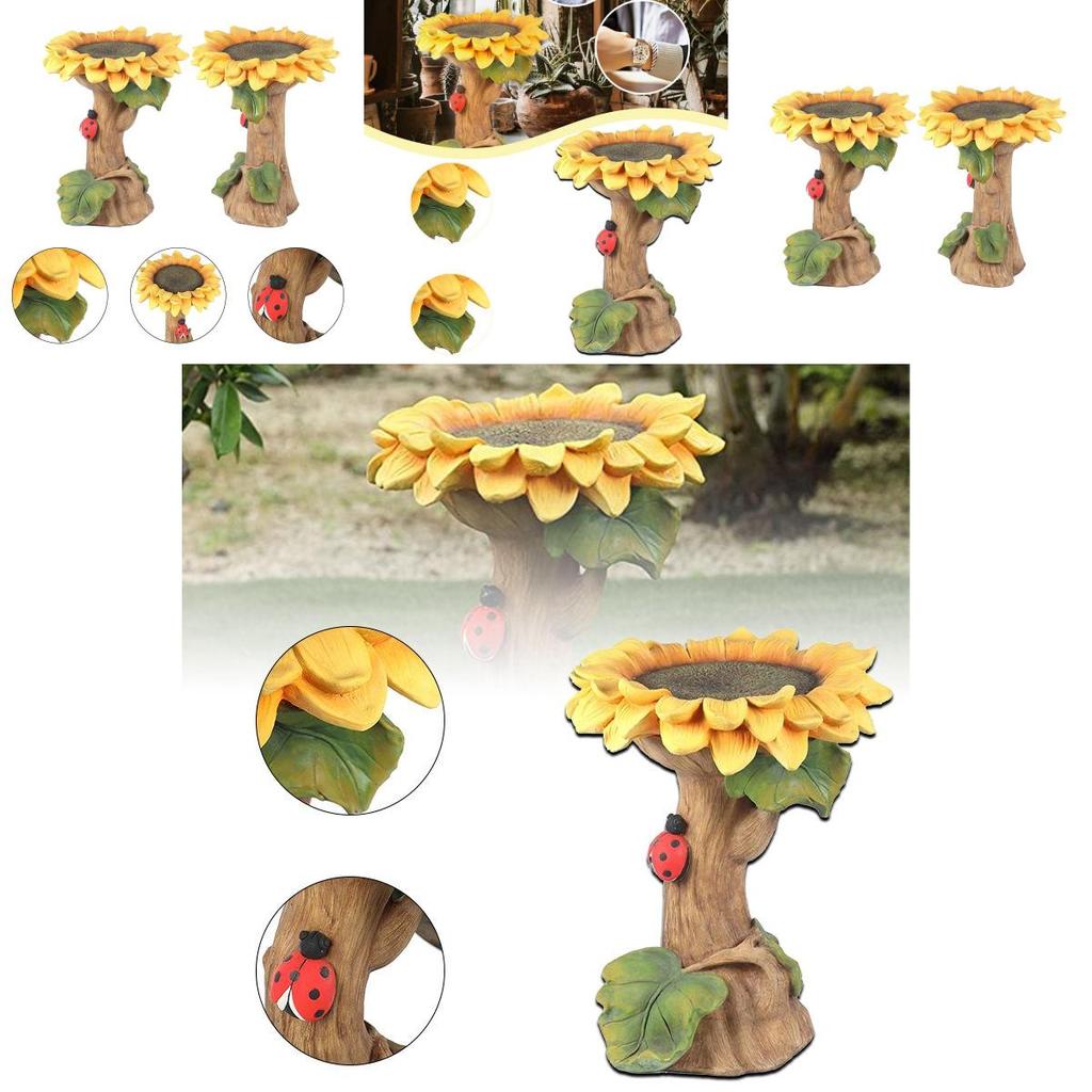 Charming Polyresin Sunflower Bird Bath With Stunningly Detailed Leaf And Ladybug Design