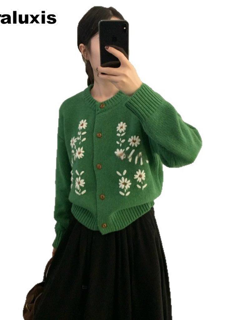  Embroidery Small Daisy Knit Cardigan Women's Autumn Winter New Thick Wool Sweater Top Outerwear