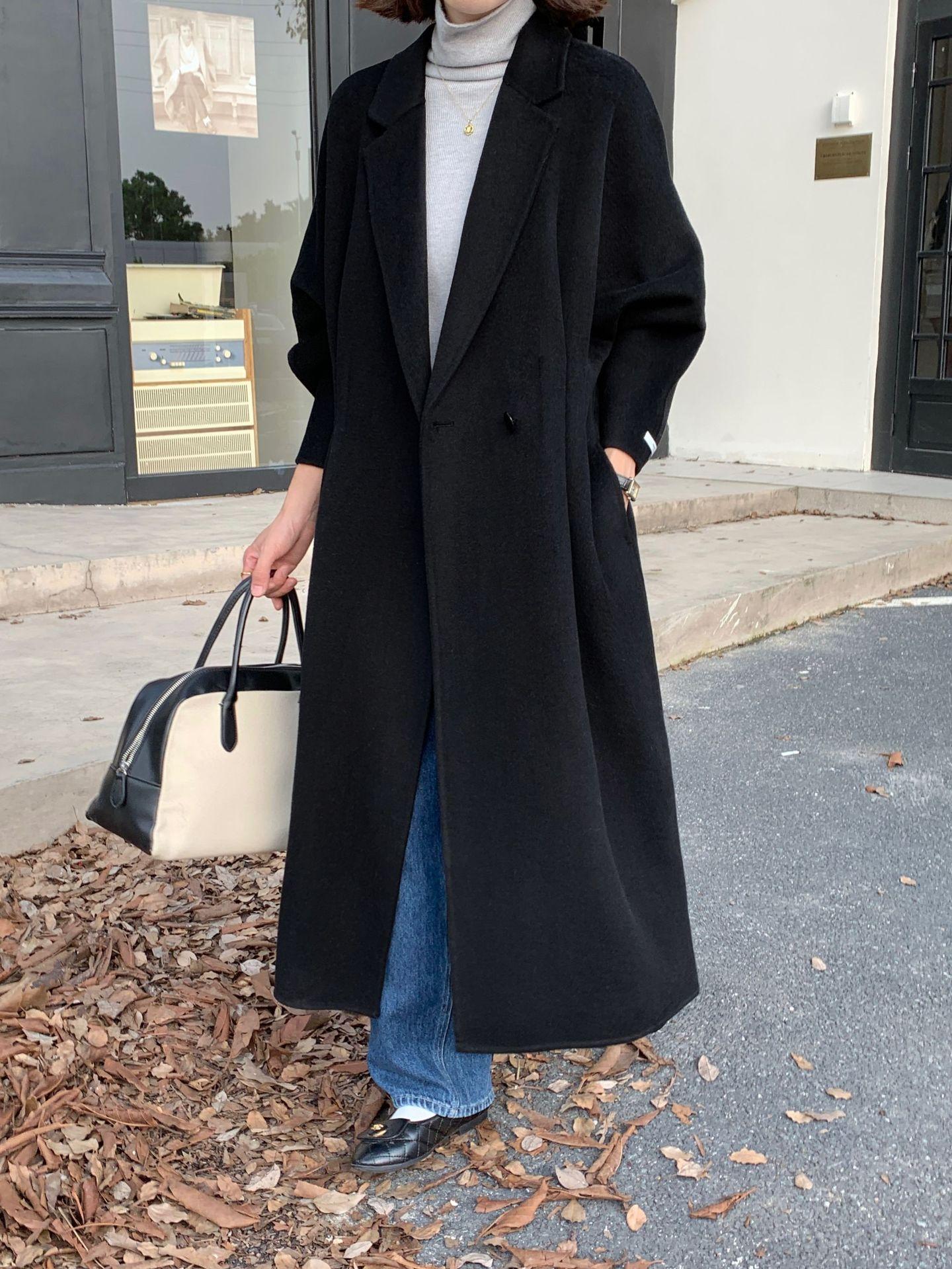 

WT128 высококлассное атмосферное шерстяное пальто в женственном стиле, женское повседневное универсальное шерстяное пальто M чёрный