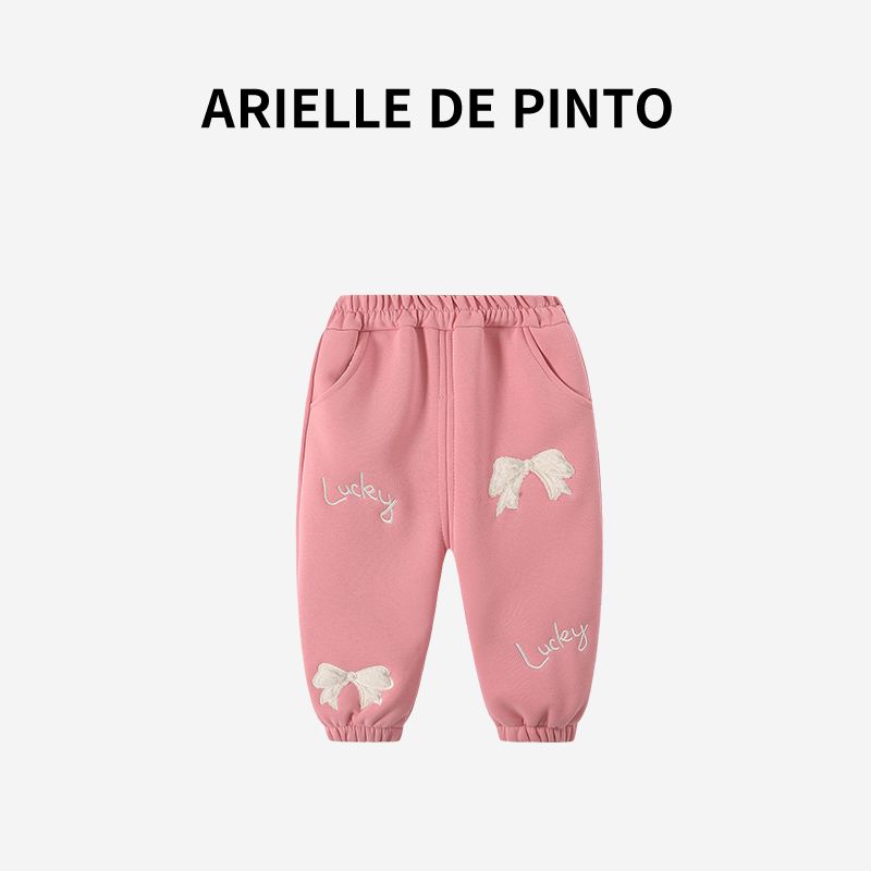 French Arielle De Pinto Girls  Pants Winter Sweet Little Girl Bowknot Casual Fleece Pants Pink 120