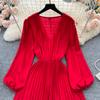 KOSY Autumn Women Vintage Pleated Midi Dress Elegant V-Neck Puff Long Sleeve High Waist A-Line Red Green Dresses