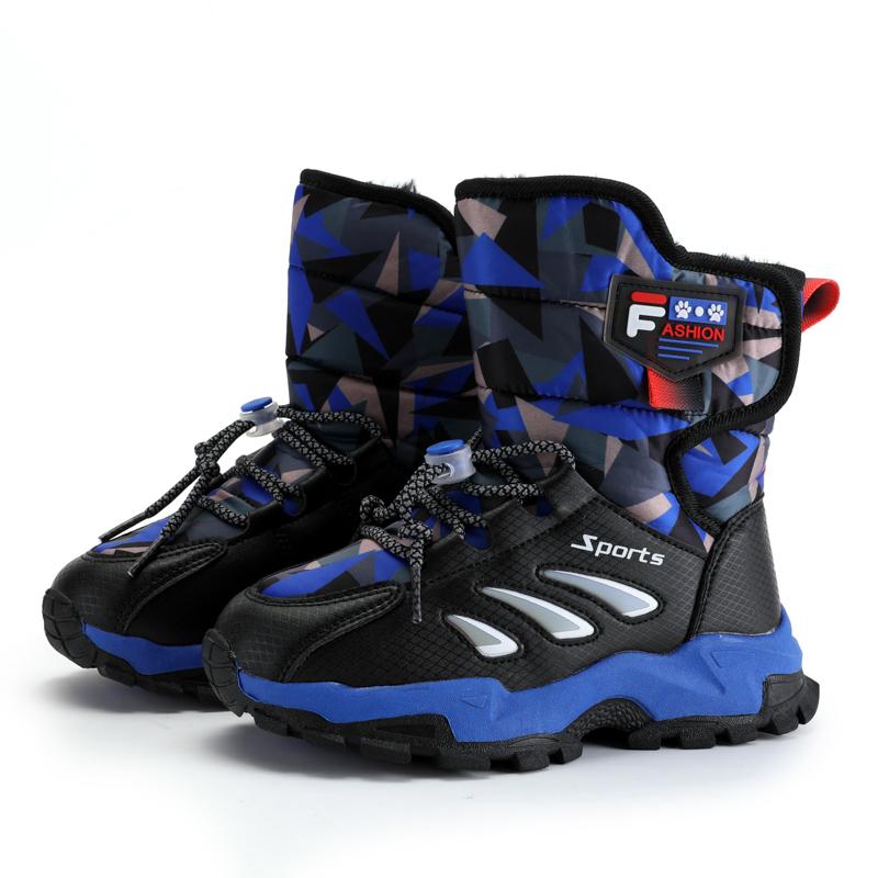 

Детская зимняя плюшевая теплая спортивная обувь с высоким берцем из хлопка, зимние ботинки для активного отдыха, походные ботинки 28-38 29 синий/чёрный