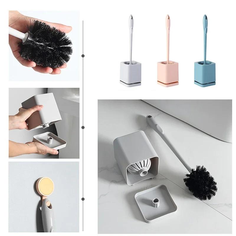 Hanging Household Plastic Long Handle Toilet Brush No Punch Wall Mounted Cleaning Brush with Base Drain Hole Design Toilet Tool