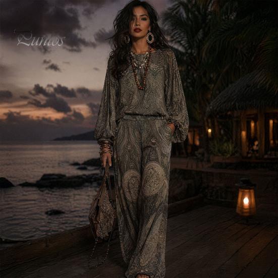 Atmungsaktive Stoffkleidung Boho-Print 2-teilige Sets für Damen, Lässiges Langarm-Oberteil Figurschmeichelndes Outfit für Birnenform, Weite Hosen Passende Sets, Sommer