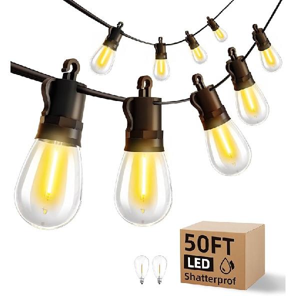 Outdoor-String-Lights-Patio-LED-Light-Outside 50Ft 15M Waterproof Remote Dimmable S14 LED Porch Lighting with 15 Edison Plastic Bulb Hanging Lights 50FT