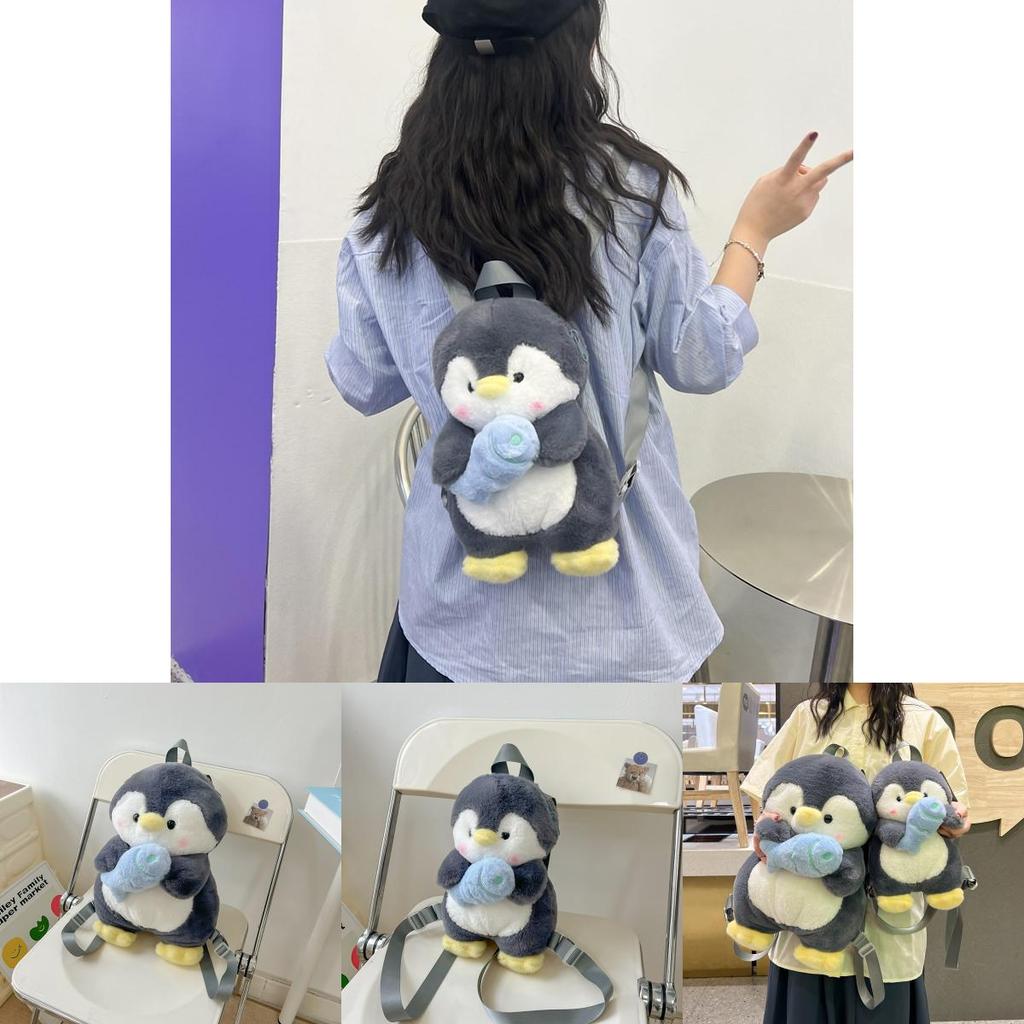 Cartoon Penguin Plush Backpack For Girls With Soft Faux Fur And Zip Closure