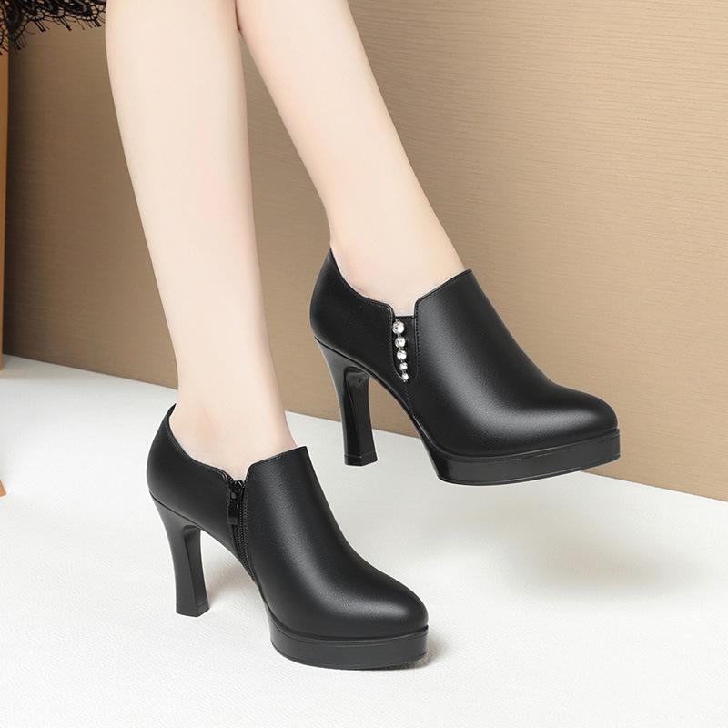 6.5cm/8.5cm Soft Leather Ladies' High-heeled Waterproof Platform Elegant Deep Shoes Fashion Women's Leather Shoes