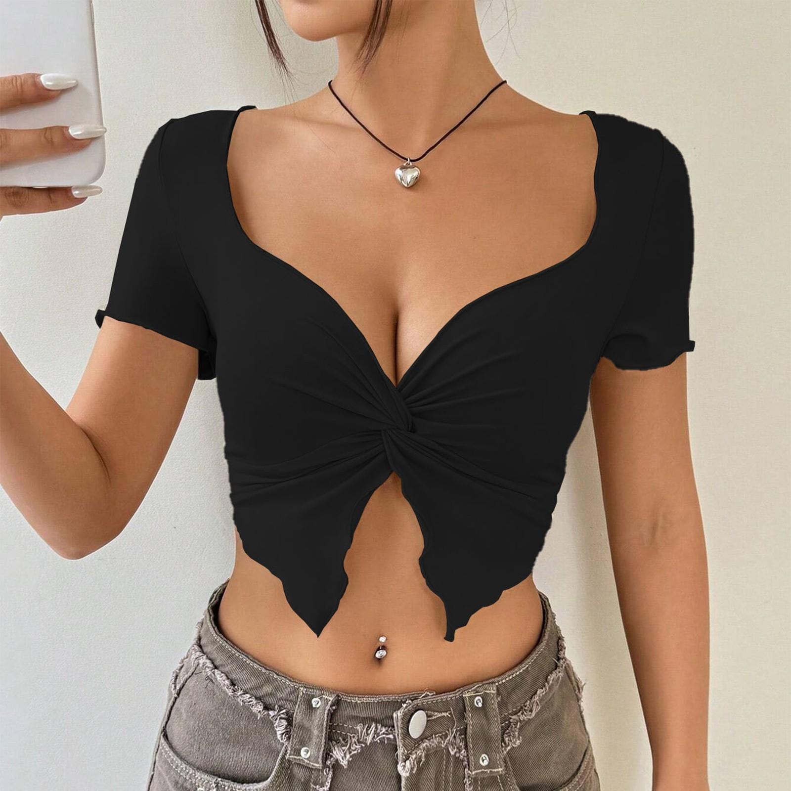 

Женский сексуальный модный топ с глубоким v-образным вырезом и плиссировкой на груди для горячих девушек XL чёрный