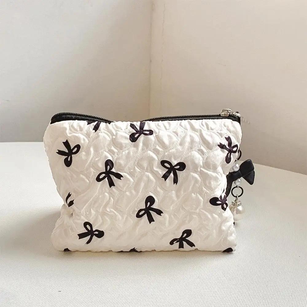 INS Quilted Cotton Makeup Bag Little Bow Large-Capacity Travel Cosmetic Bag Makeup Pouch for Women