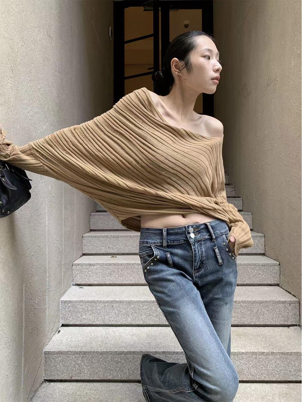 French Style Women s Knitted Sweater 2025: Autumn Irregular Loose Batwing Sleeve Top коричневый