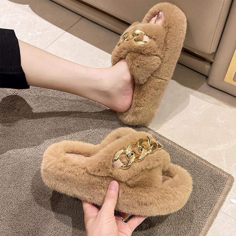 European goods heightened thick-soled fluffy slippers women wear high-end explosion spring and autumn chain Internet celebrity cross plush slippers