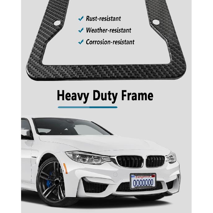 Carbon Fiber License Plate Frames- 2 Pack Black Aluminum Front & Rear Auto Car Tag Holder, Heavy Duty Bracket With Mount Hardware, Screws Caps,