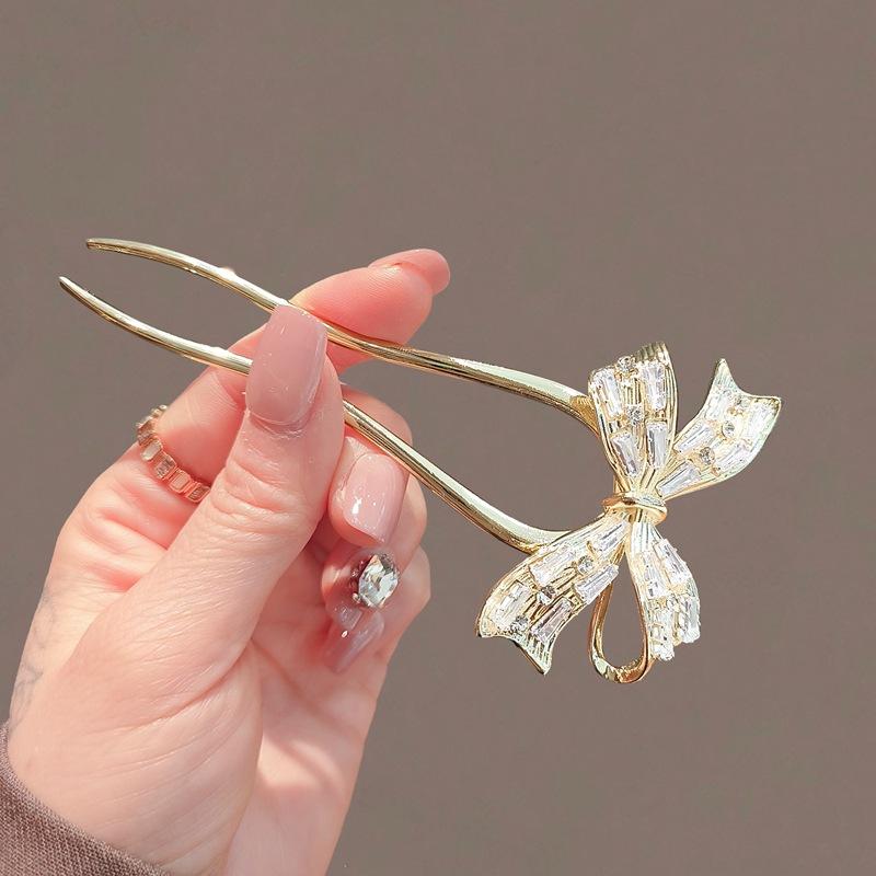 Fashion Retro Zirconia Bow Hair Stick New Elegant Ladies U-shaped Plate Hair Buckle Ponytail Clip Headdress Hair Accessories