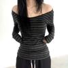 Japanisches Basic Slim Langarm Streifen T-Shirt Schulterfrei O Hals Koreanischer Street Style Frühling Herbst Y2K Grau T-Shirt Damen