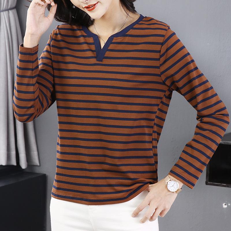 Women's V-Neck Long-Sleeve Pure Cotton T-Shirt for Middle-Aged, Loose-Fit Autumn/Spring Top
