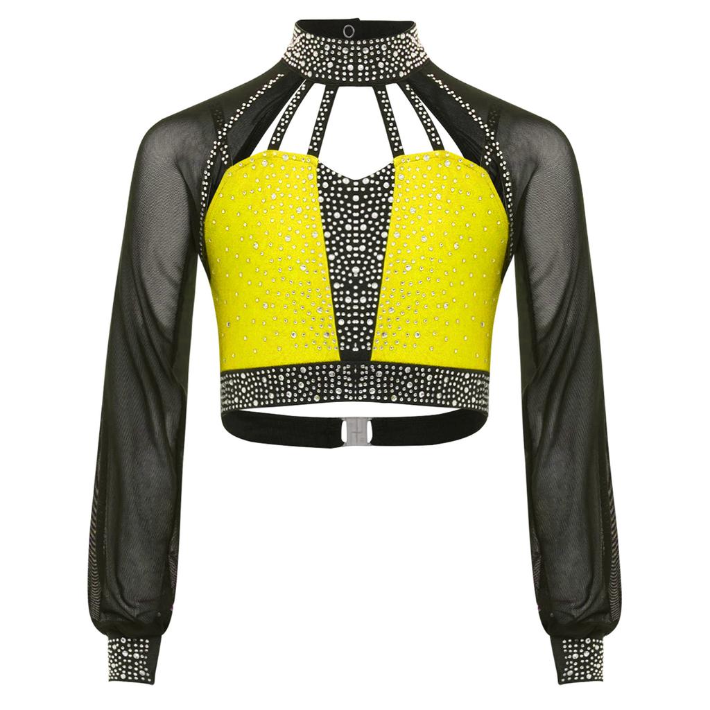 Girls Dance Performance Top Color Block Design Mock Neck Sheer Mesh Sleeves Back Cutout Rhinestone Crop
