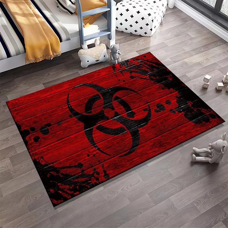 Red and Black Biohazard Symbol Pattern Rug with Grunge Style Design Suitable for use as an anti-slip for living room bedroom sofas