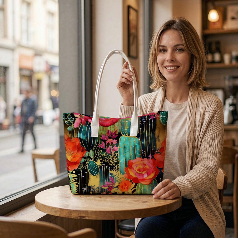 Boho Cactus Floral Print Tote Bag Fashion Casual Large Capacity Daily Shoulder Bag for Women