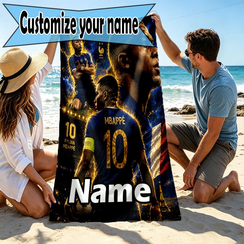 Personalisierbares Strandtuch mit Kylian Mbappe Aufdruck und individuellem Namen, für Reise Camping Strandparty Heimdekoration, Geburtstagsgeschenk für Familie & Freunde