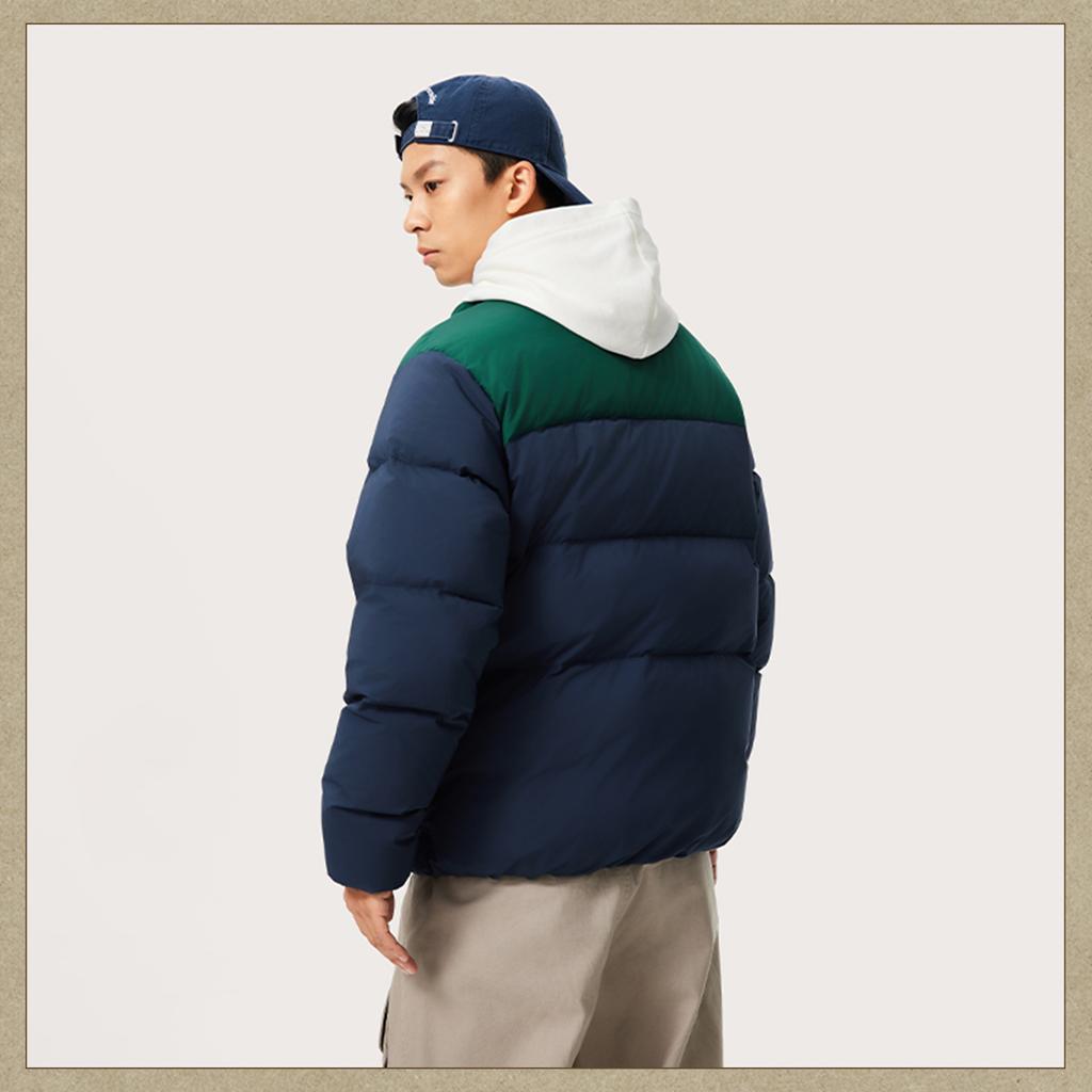 Li Ning Color Block Letter Stand Collar Short Zipper Long Sleeve Down Jacket Men outerwear Deep-Navy-Blue Lush-Green AYMU119-8