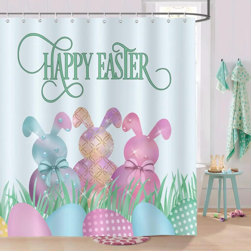 Happy Easter Bunny Shower Curtain Funny Rabbits Pink and Blue Eggs Bath Curtain Polyester Fabric Waterproof Bathroom Curtain Set