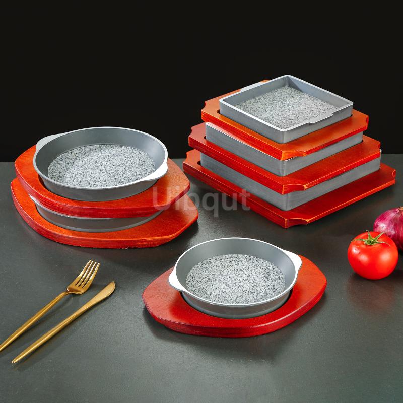 barbecue steak meat round square style grilled rice BBQ steak seafood tray Aluminum edging wood base with stone plate baking pan