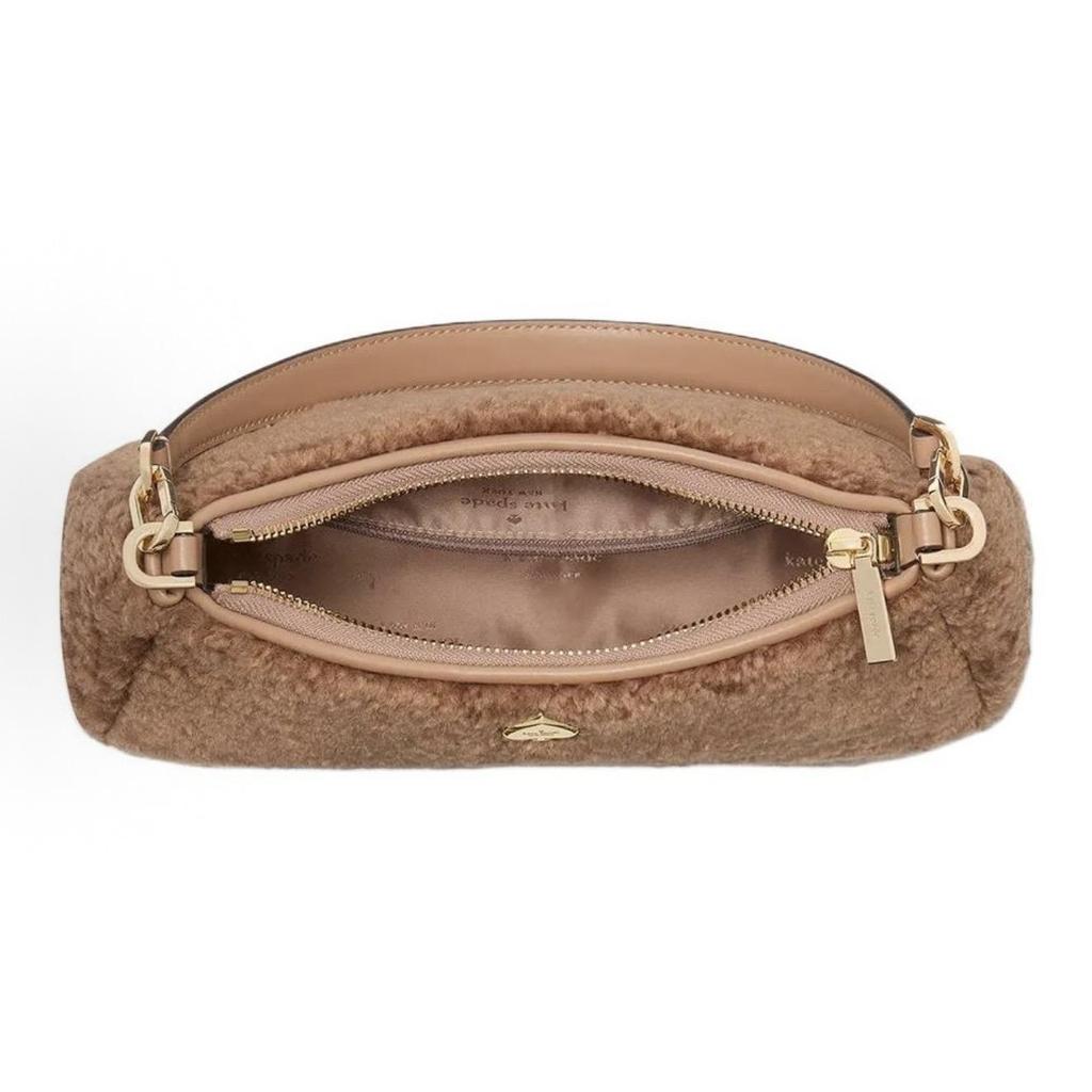 Kate Spade Ellie Embroidered Logo Zipper Closure Faux Fur Handbag Crossbody Shoulder Bag Small Women's Light Tan