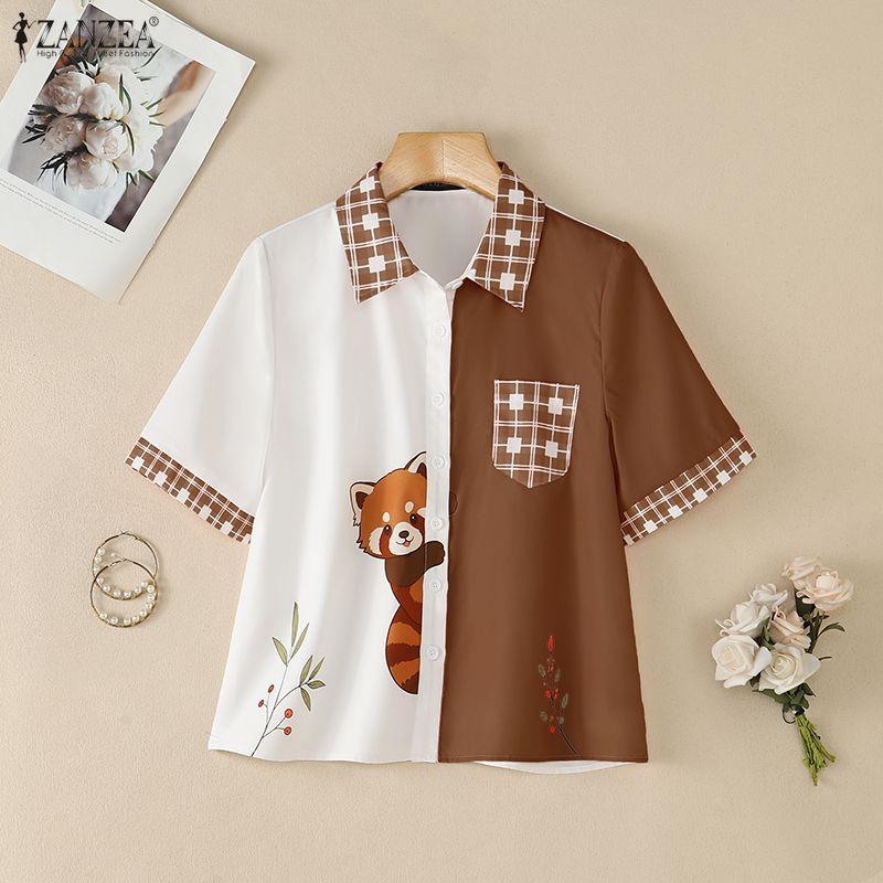 ZANZEA Women Casual Turn Down Collar Loose Short Sleeve Print Blouse