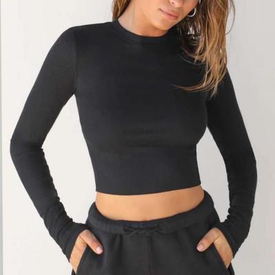 Women's Sports Long Sleeve Round Neck Sexy Waistband Casual Fitness Short Slim Top