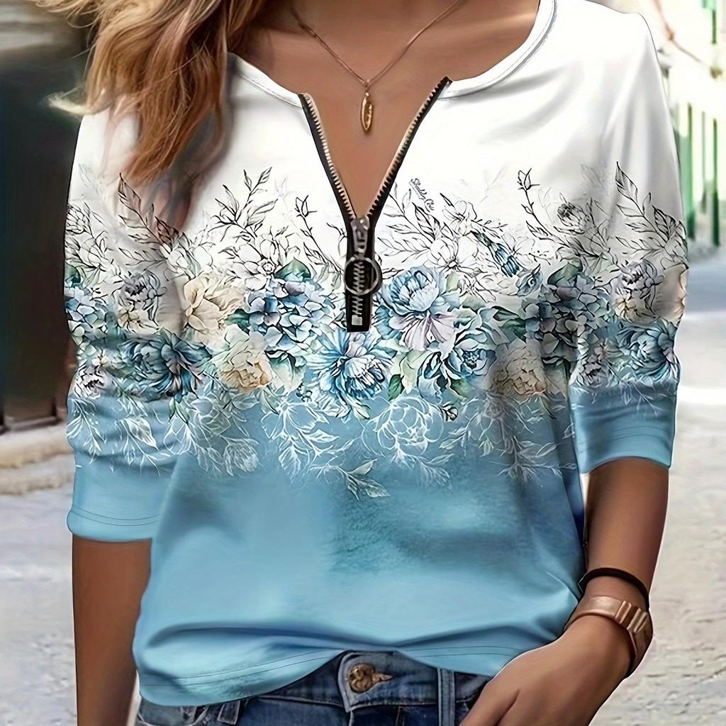 Vibrant Floral Print Long Sleeve Zip-Up T-Shirt - Soft, Breathable, Relaxed Fit for Spring & Fall - Womens Casual Wear for Everyday Comfort