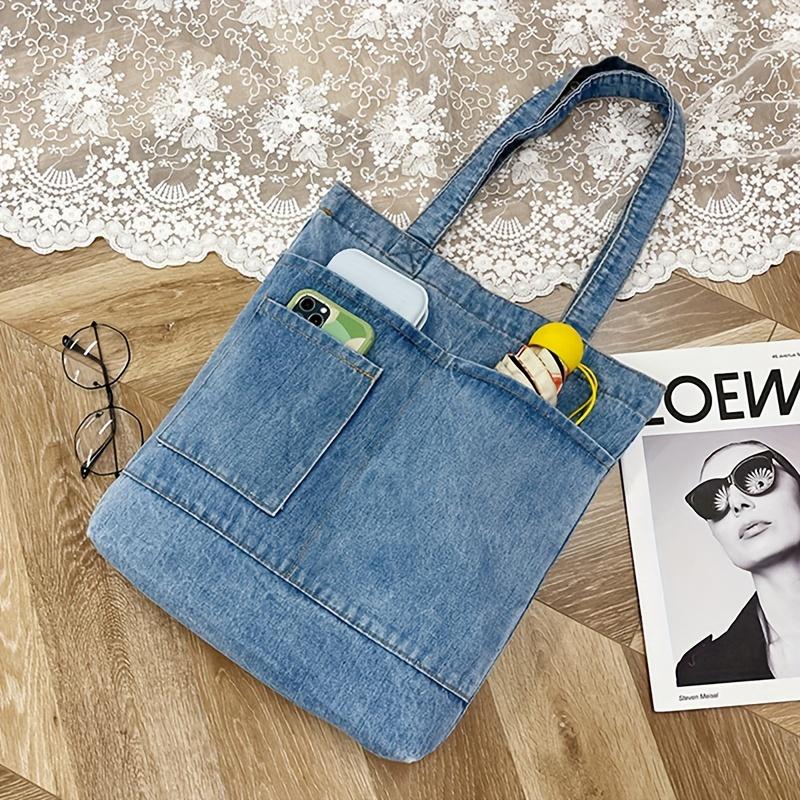 Denim Canvas Tote Bag for Women Casual Korean Style Shoulder Bag with Pockets Durable Hand Washable Daily Commute Accessory