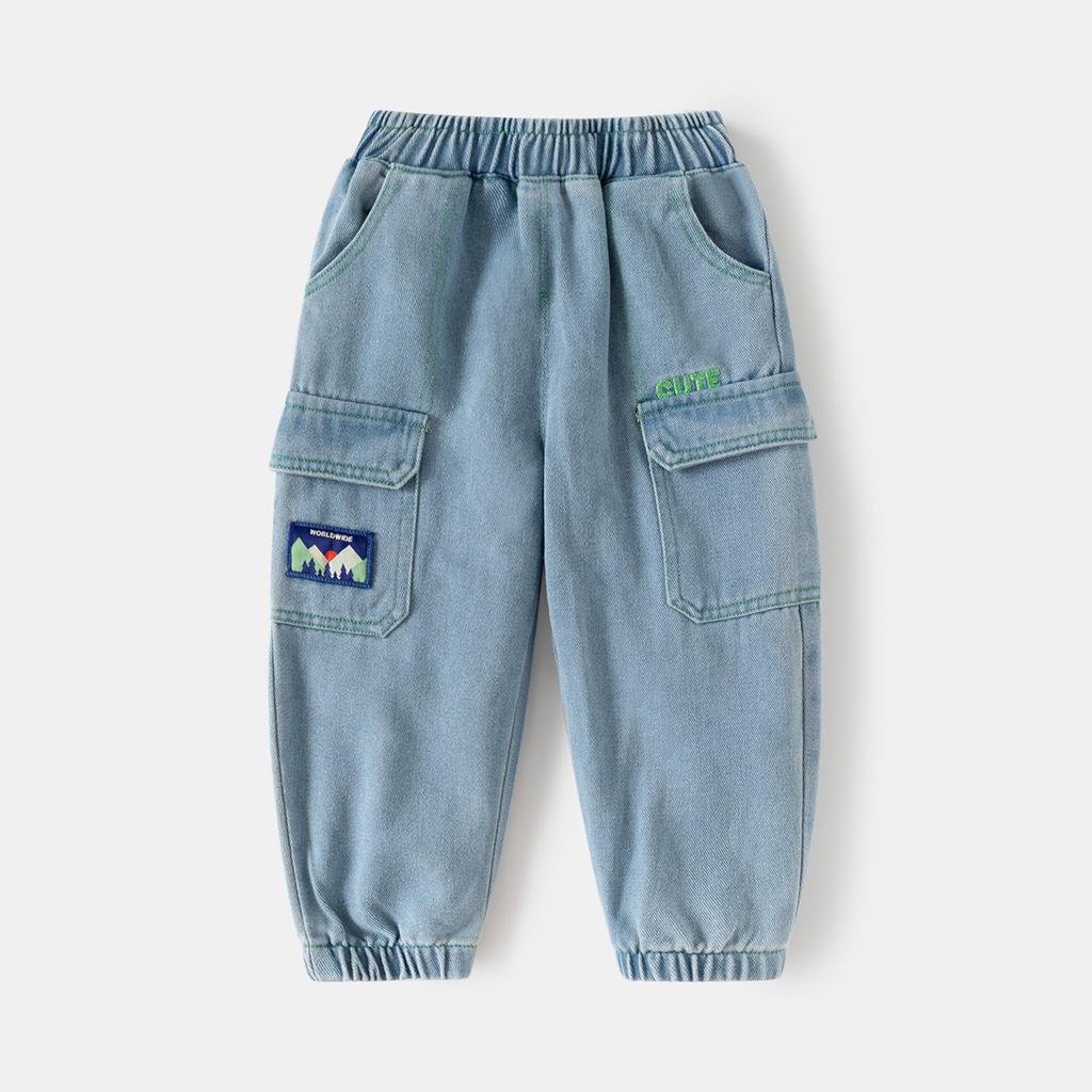 Toddler Boys Patch Embroidery Jeans Cotton Denim Pants Casual Long Trousers