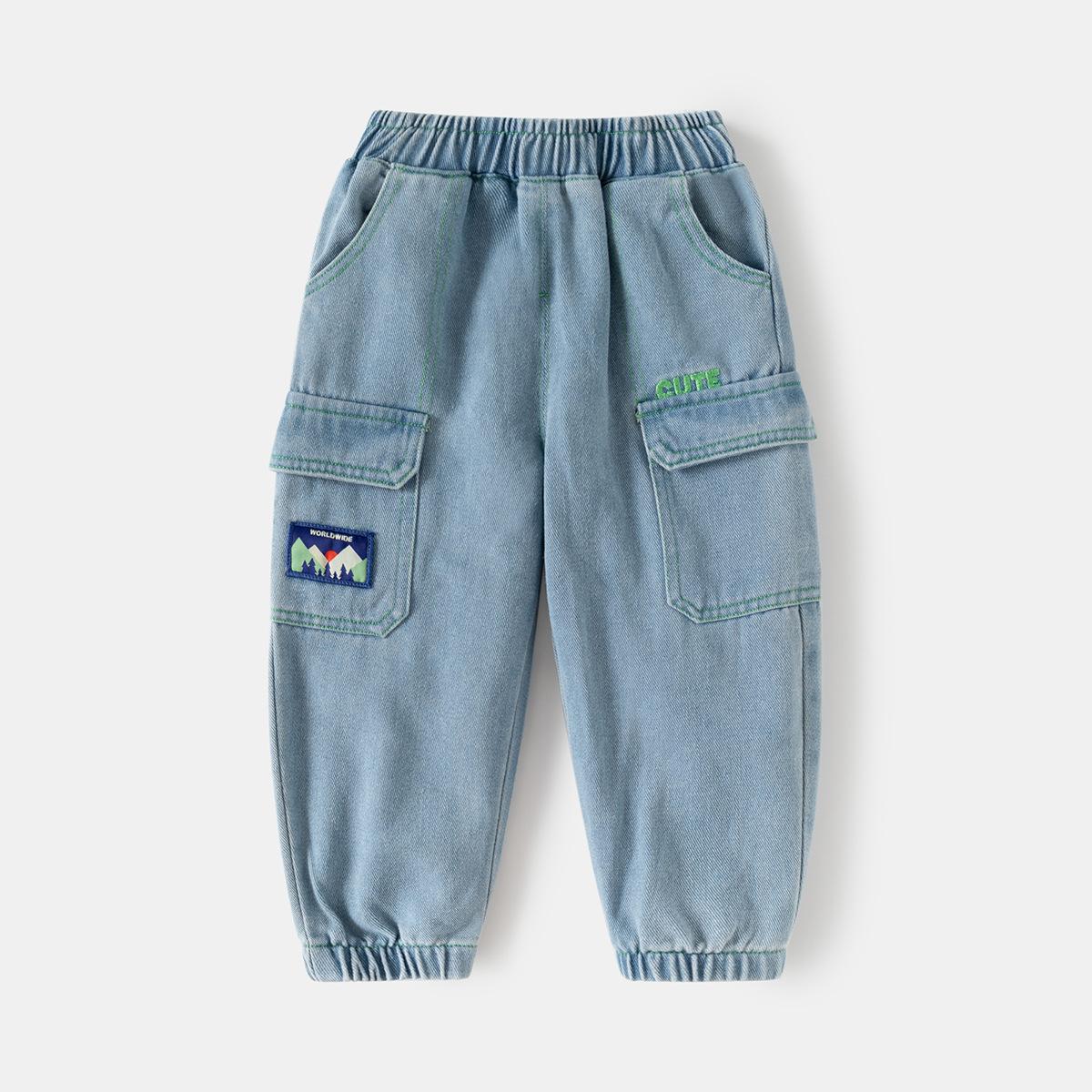 

Children s Jeans Spring and Autumn Pants 2025 New Boys Label Embroidered Pants Baby Pants Children s Clothing 130cm