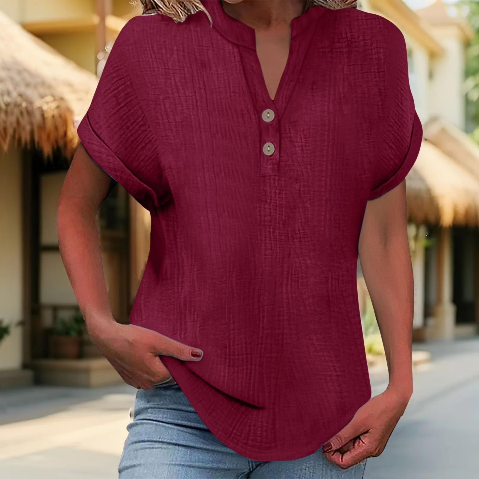 

Women s Fashion Round Neck Neckless T,Shirt Slim Colour Short Sleeve Top XXL винний