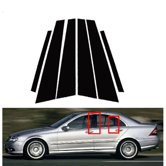 6Pcs Glossy Black Pillar Posts Fit For Mercedes-Benz C-Class (W203) 2001-2007 Door Window Trim Decoartiver Sticker Cover