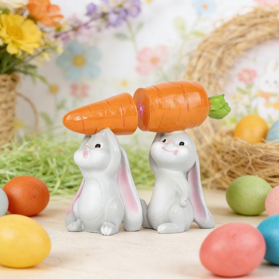 2Pcs Holding Carrot Rabbit Figurine Hand-Painted Carrying Radish Bunny Statue Resin Sculpture Easter Holiday Party Decoration Ornament