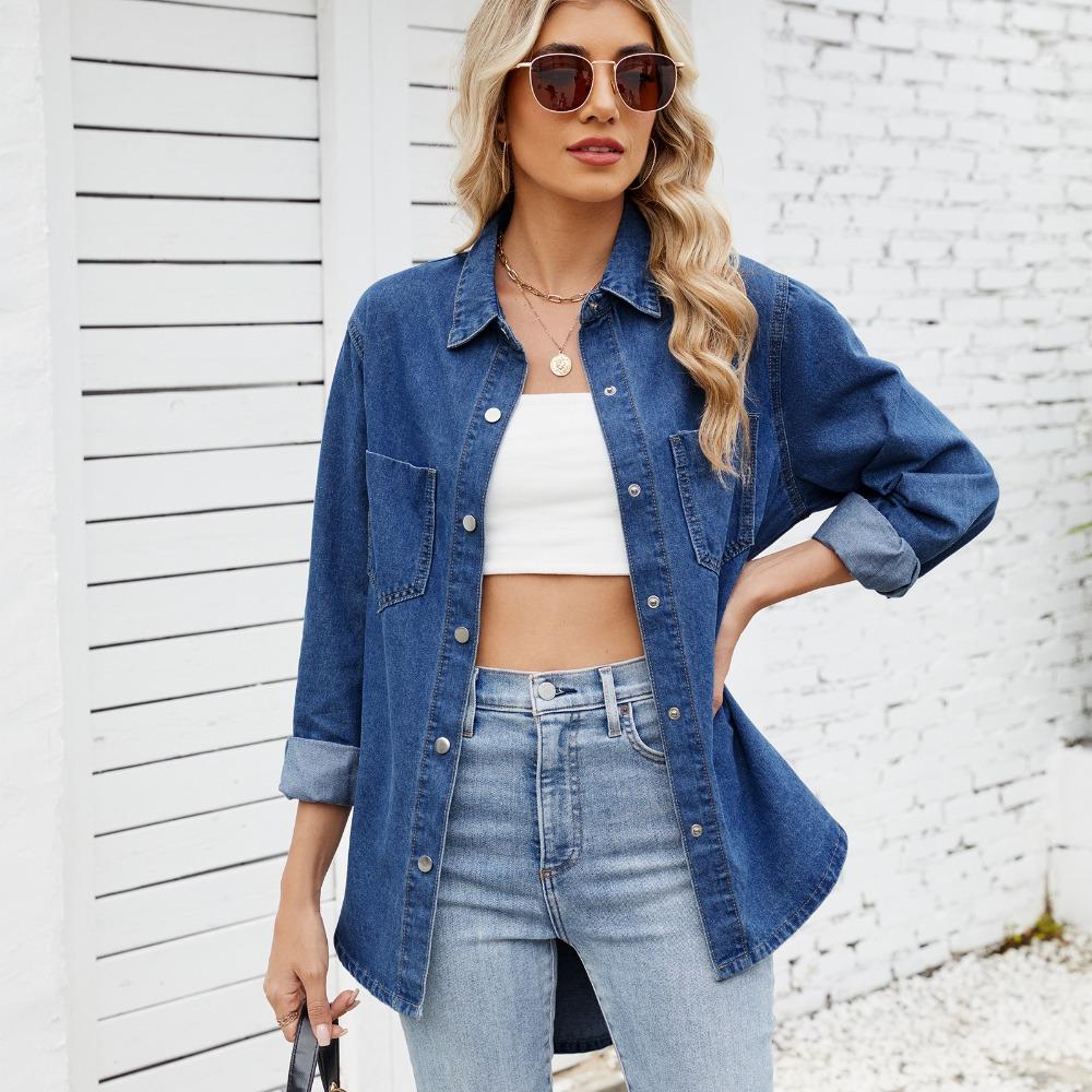 Women's Turn Down Collar Long Sleeve Loose Fit Street Style Mid‑Length Denim Shirt Blouse