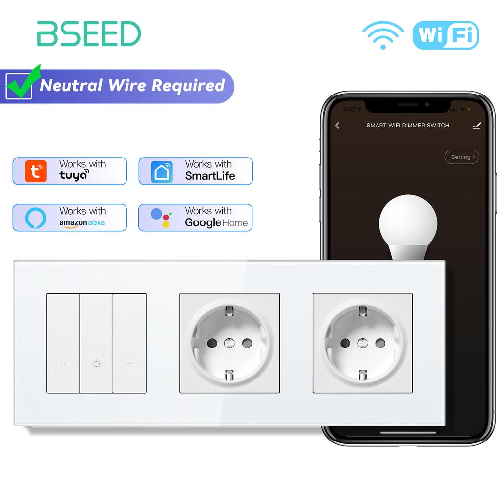 BSEED Wifi Light Switches Smart Dimmable Switches Tuya Smart Life App Control Plus EU Sockets USB Type-c Without Wifi White