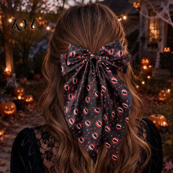 Trendy Satin Hair Bows Large Halloween for Women Girls, Vintage Ribbon Barrette Clips with Long Non-slip Spring Tails, Ghost/Pumpkin/Blood Mouth Print