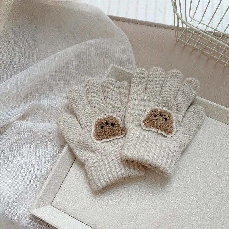 Dziecięce dzianinowe rękawiczki z misiem 3-7 lat Dziewczynki Chłopcy Uroczy Miś Miękkie Ciepłe Dzianina Pełne palce Ocieplacz na dłonie Dzieci Stylowe Ciepłe Rękawiczki