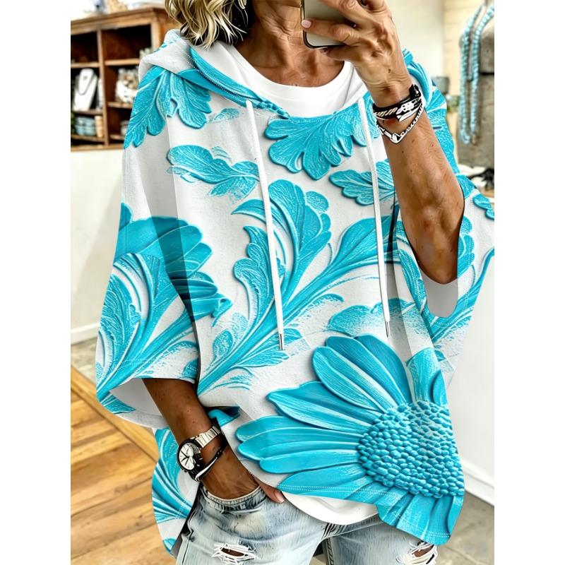 White Daisy Texture Loose Drop Sleeve Hoodie