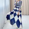 Women's Print Dress Spring Summer Diamond Print High-end Pleated Dress V-neck Long Dress