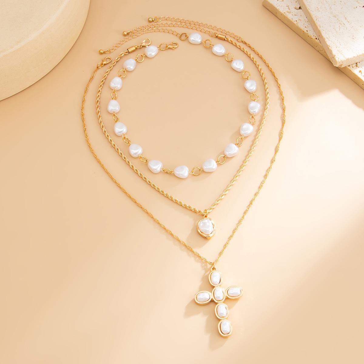 Cross Layered Necklace Victoria Handmade Pearl Necklace Imitation Crystal Beads Pearl Rosary Style Long Necklace Adjustable