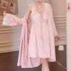 Flower Fairy Ice Silk Long Sleeve Nightdress Set with Lace and Chest Pads