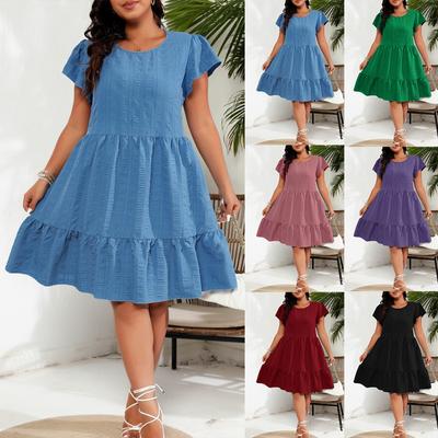 Women's Large Solid Color Round Neck Ruffle Sleeves Holiday Leisure Style Dress