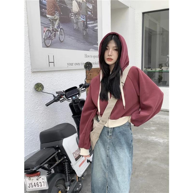 Wind color matching hooded sweater women's autumn loose and thin short small zipper cardigan top