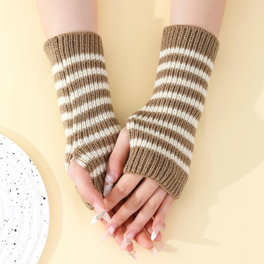 Color blocked Thin Strip Gloves for Women Autumn and Winter Knitted Wool Sleeves  Warm and Cold Proof Fashionable Fingerless Arm Sleeves