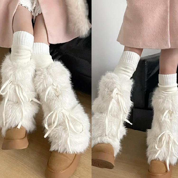 Dámské chlupaté bílé návleky na nohy Ponožky Harajuku Mašle s uzlem Kryty na legíny a boty