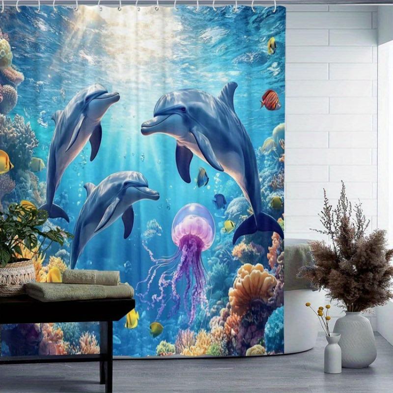 Attractive Dolphin Pattern Washable Dirt-Resistant Shower Curtain Shower Head Waterproof Polyester Bath Curtain For Home Decor